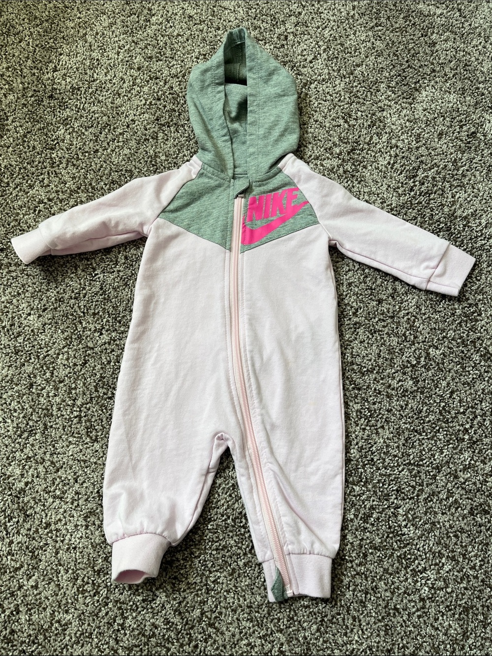 Nike Pink and Sage Hooded Baby One-Piece Size 6 Month